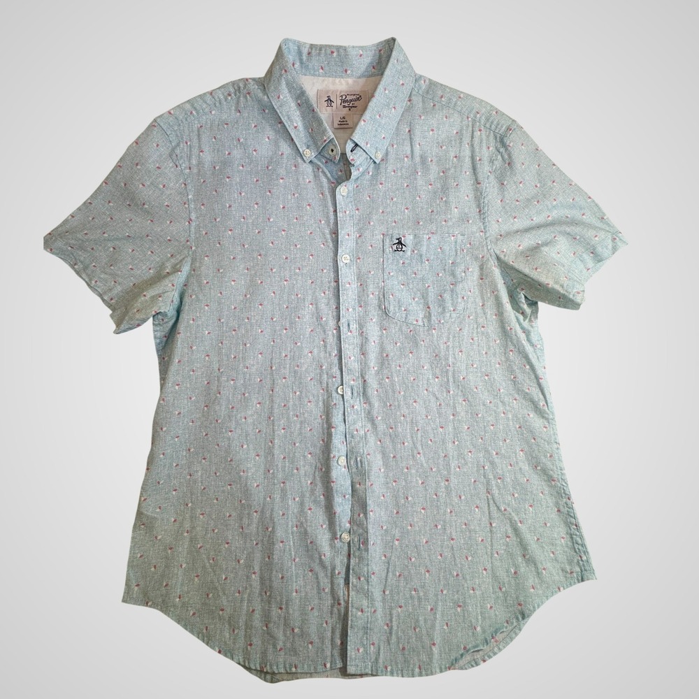 Original Penguin Mens Linen Blend Short Sleeve Button Down Shirt Blue OP5096 L